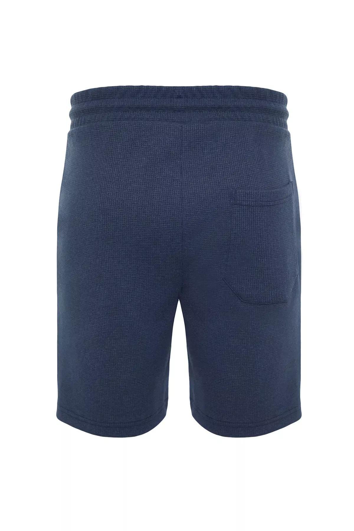 Navy Slim Textured Waffle Elastic Waist Shorts, Indigo, large image number 5