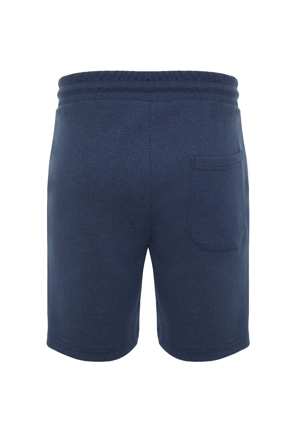 Navy Slim Textured Waffle Elastic Waist Shorts, , large image number 5