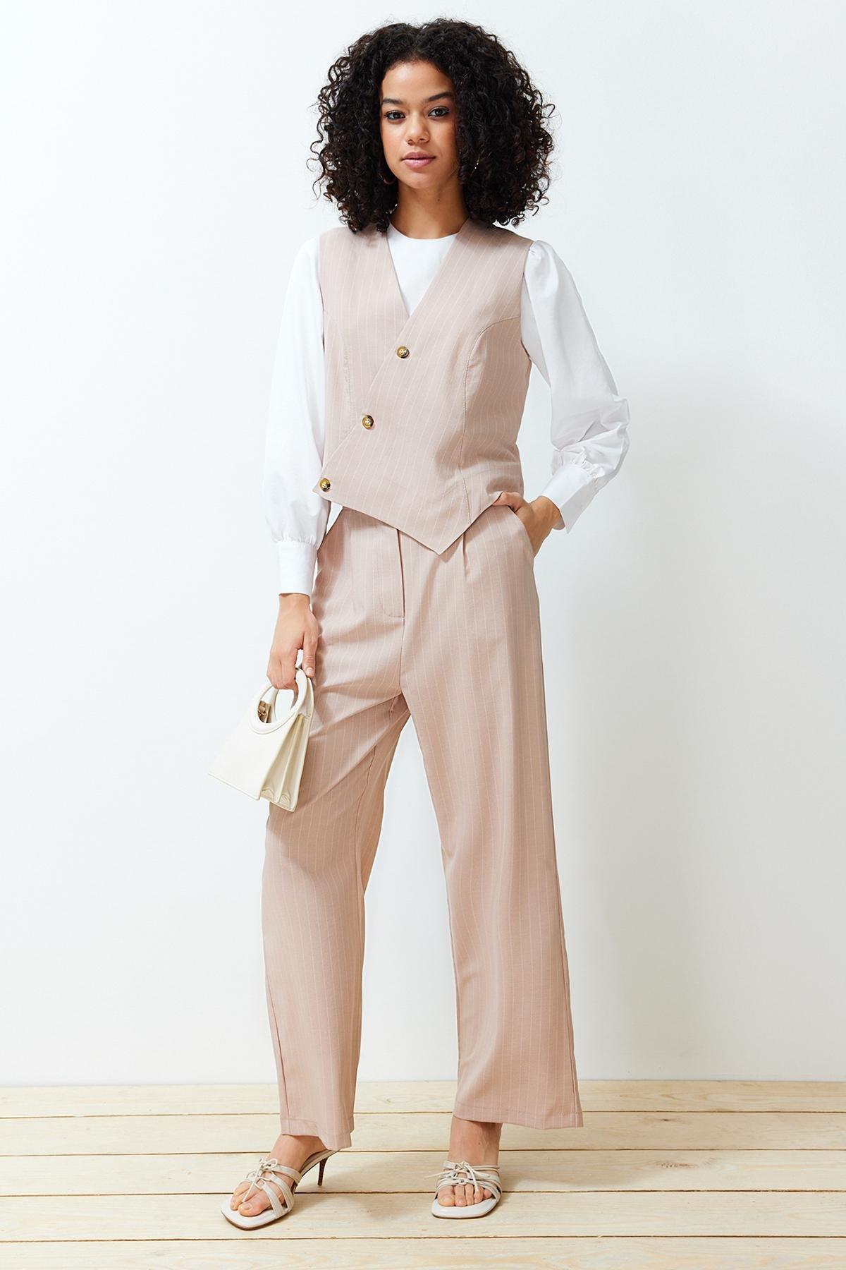 Stone Double Breasted Vest Trousers Woven Bottom Top Set TCTSS24US00032, , large image number 0