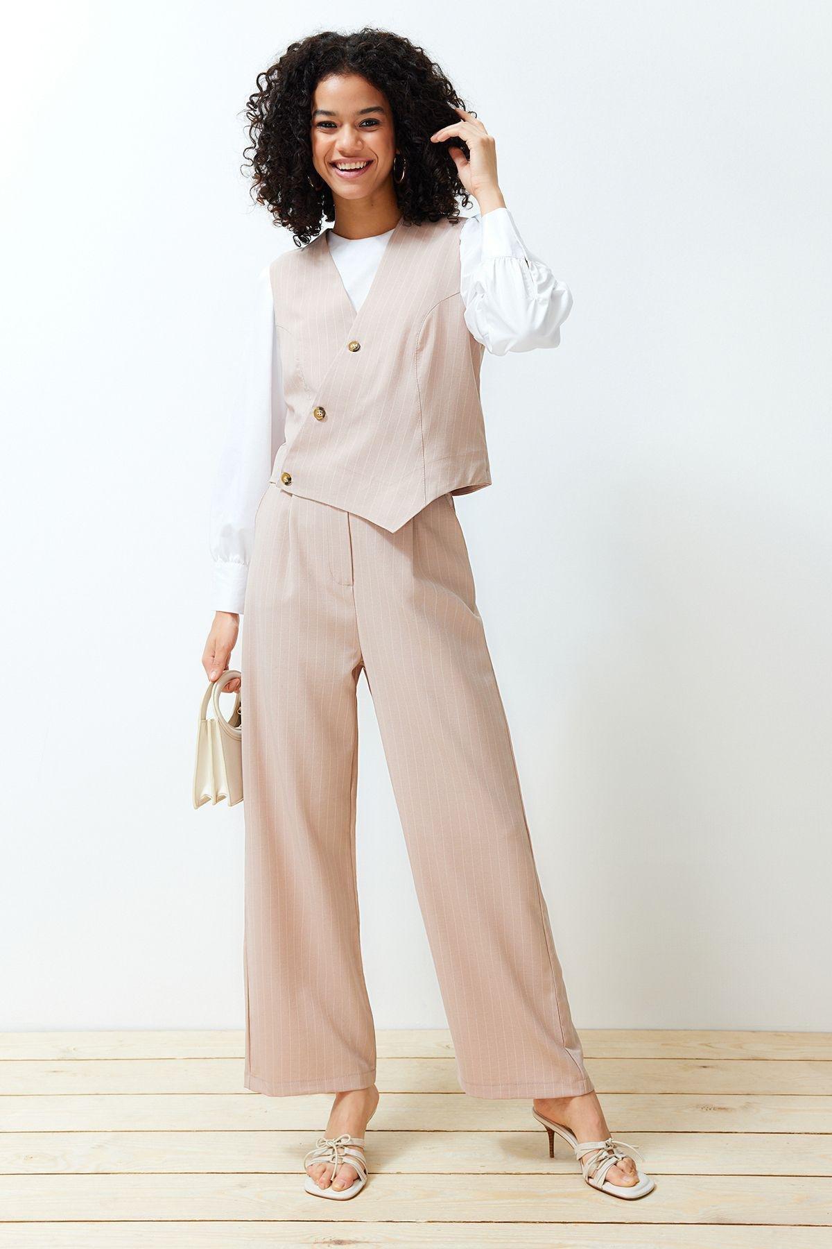 Stone Double Breasted Vest Trousers Woven Bottom Top Set TCTSS24US00032, , large image number 1