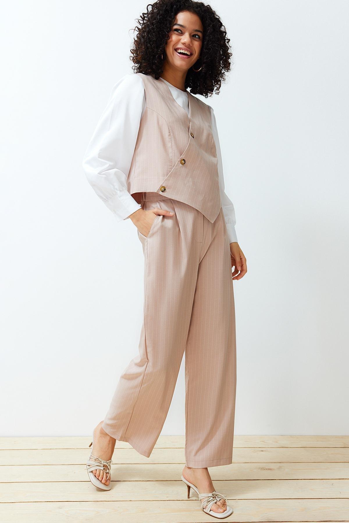 Stone Double Breasted Vest Trousers Woven Bottom Top Set TCTSS24US00032, , large image number 2