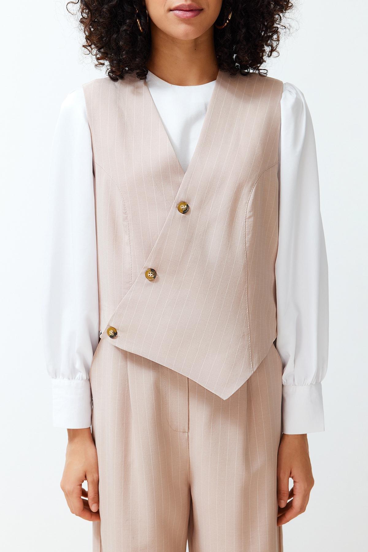 Stone Double Breasted Vest Trousers Woven Bottom Top Set TCTSS24US00032, , large image number 3