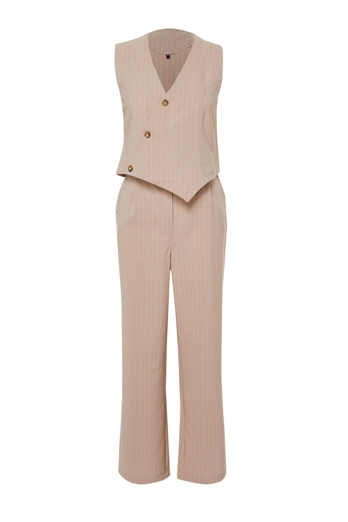 Stone Double Breasted Vest Trousers Woven Bottom Top Set TCTSS24US00032, , large image number 5