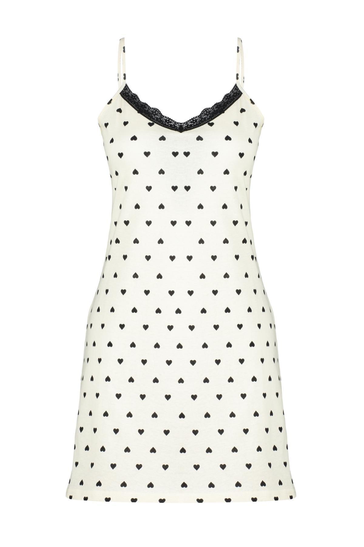 Ecru 100% Cotton Heart Patterned Lace Rope Strap Knitted Nightgown THMSS24GC00007, single, , large image number 5