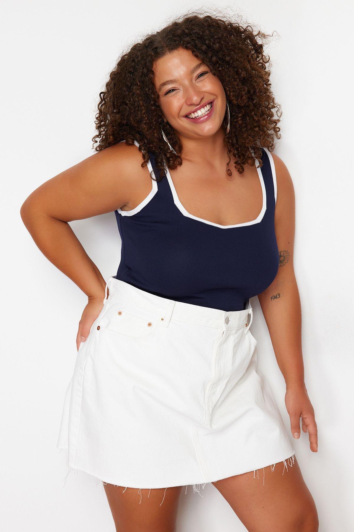 Navy Bodycon Knitwear Blouse, DARK BLUE, large image number 0