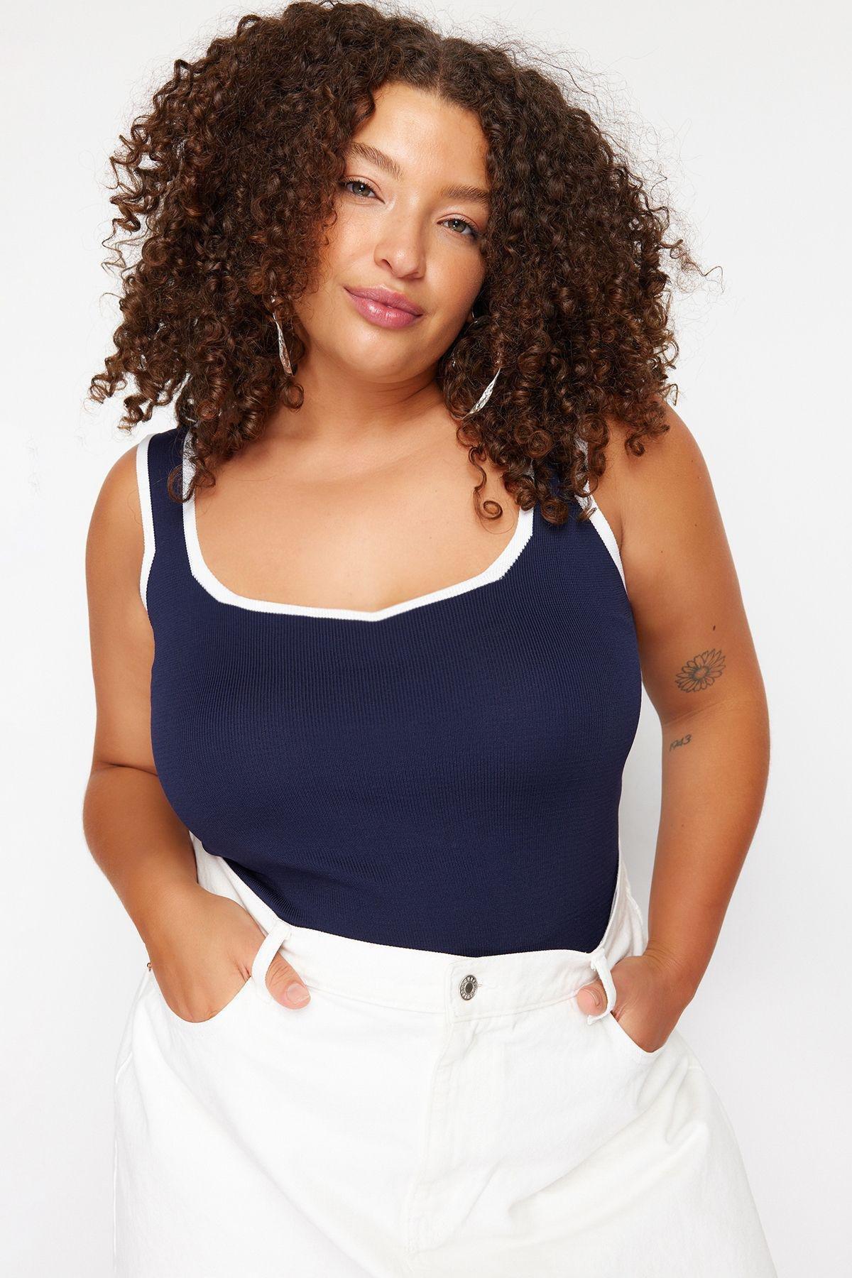 Navy Bodycon Knitwear Blouse, DARK BLUE, large image number 2
