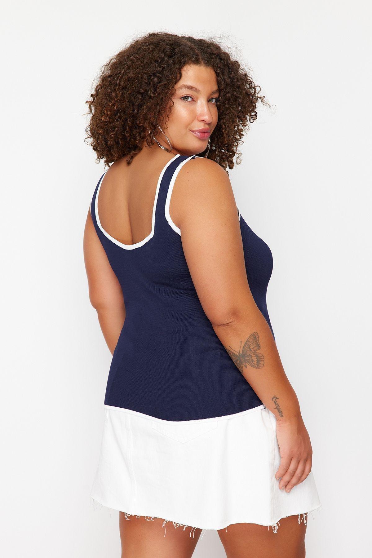 Navy Bodycon Knitwear Blouse, DARK BLUE, large image number 3