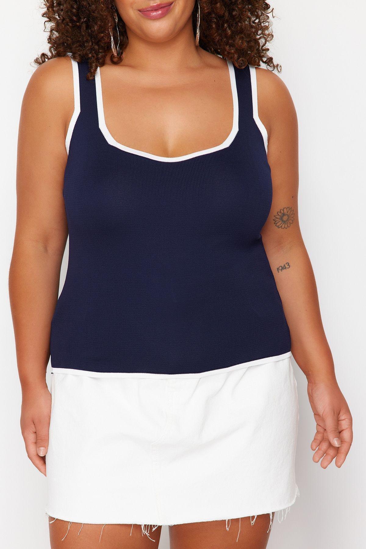 Navy Bodycon Knitwear Blouse, DARK BLUE, large image number 4