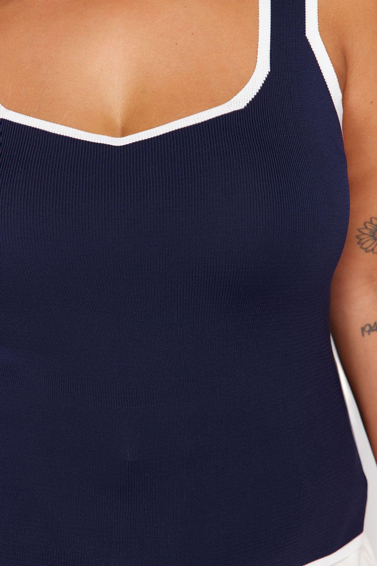 Navy Bodycon Knitwear Blouse, DARK BLUE, large image number 5