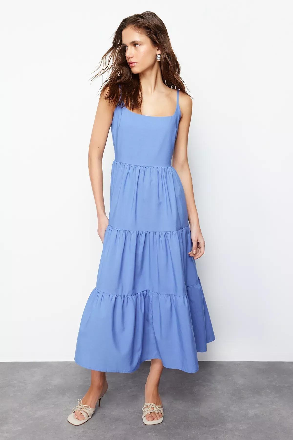 Blue Frills Ruffle Maxi Dress, Indigo, large image number 0