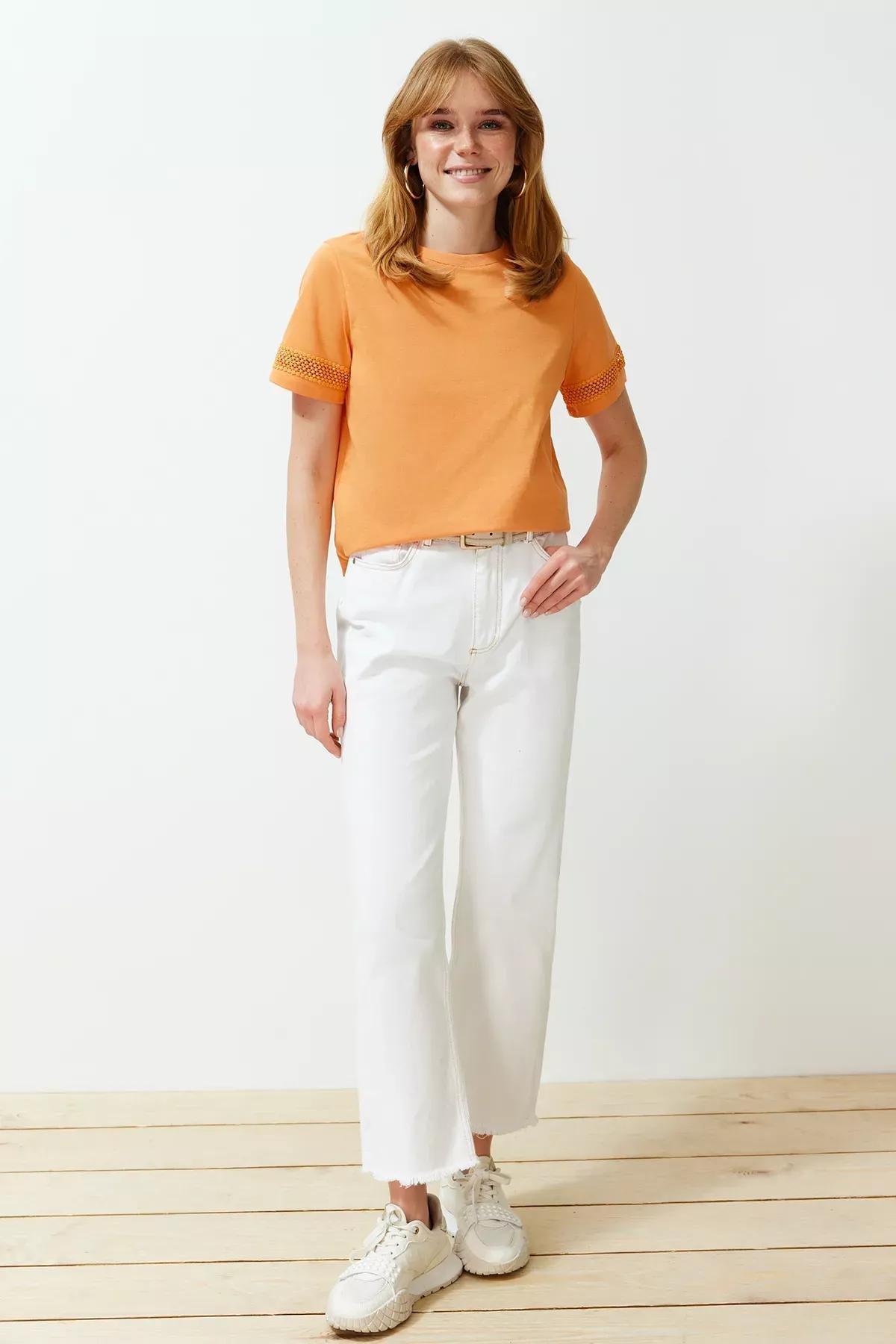 Orange Accessory Detail Basic/Regular Fit Knitted T-Shirt TWOSS24TS00048, Orange, medium