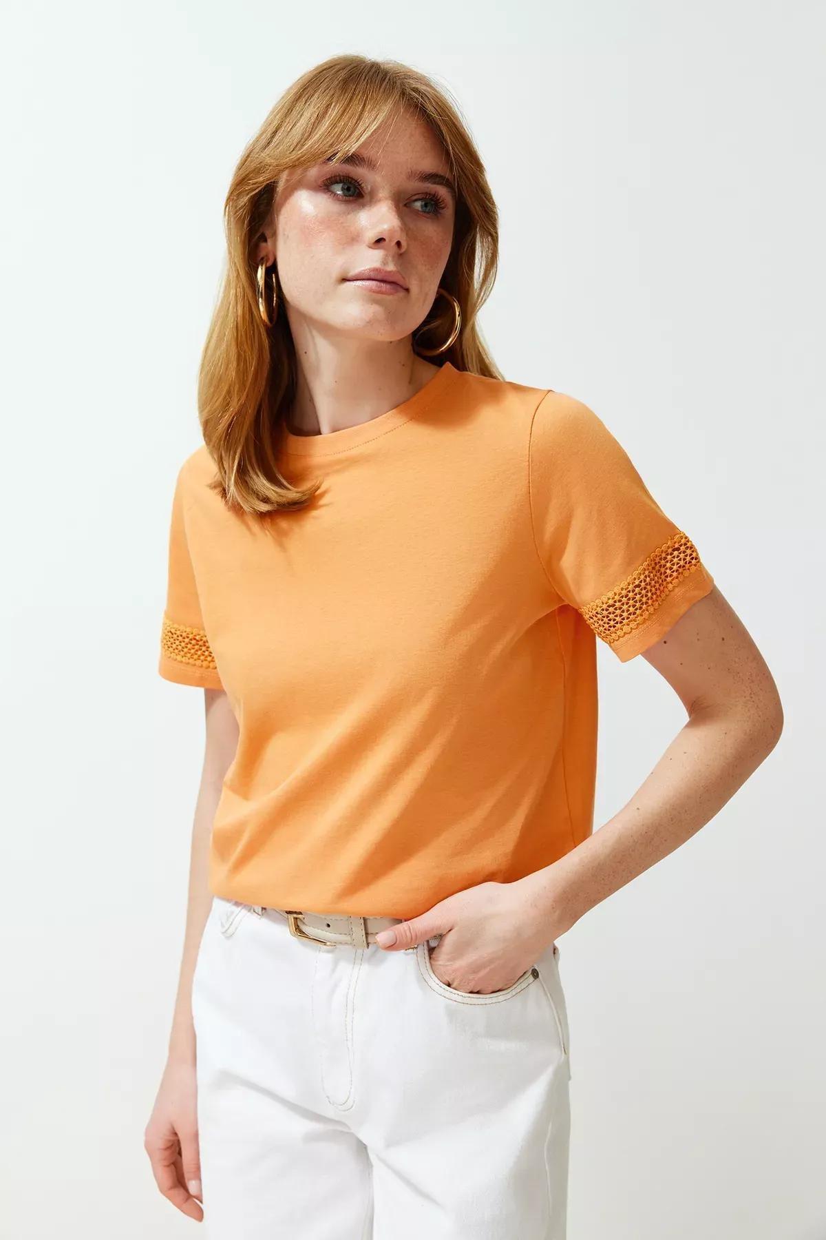 Orange Accessory Detail Basic/Regular Fit Knitted T-Shirt TWOSS24TS00048, Orange, medium