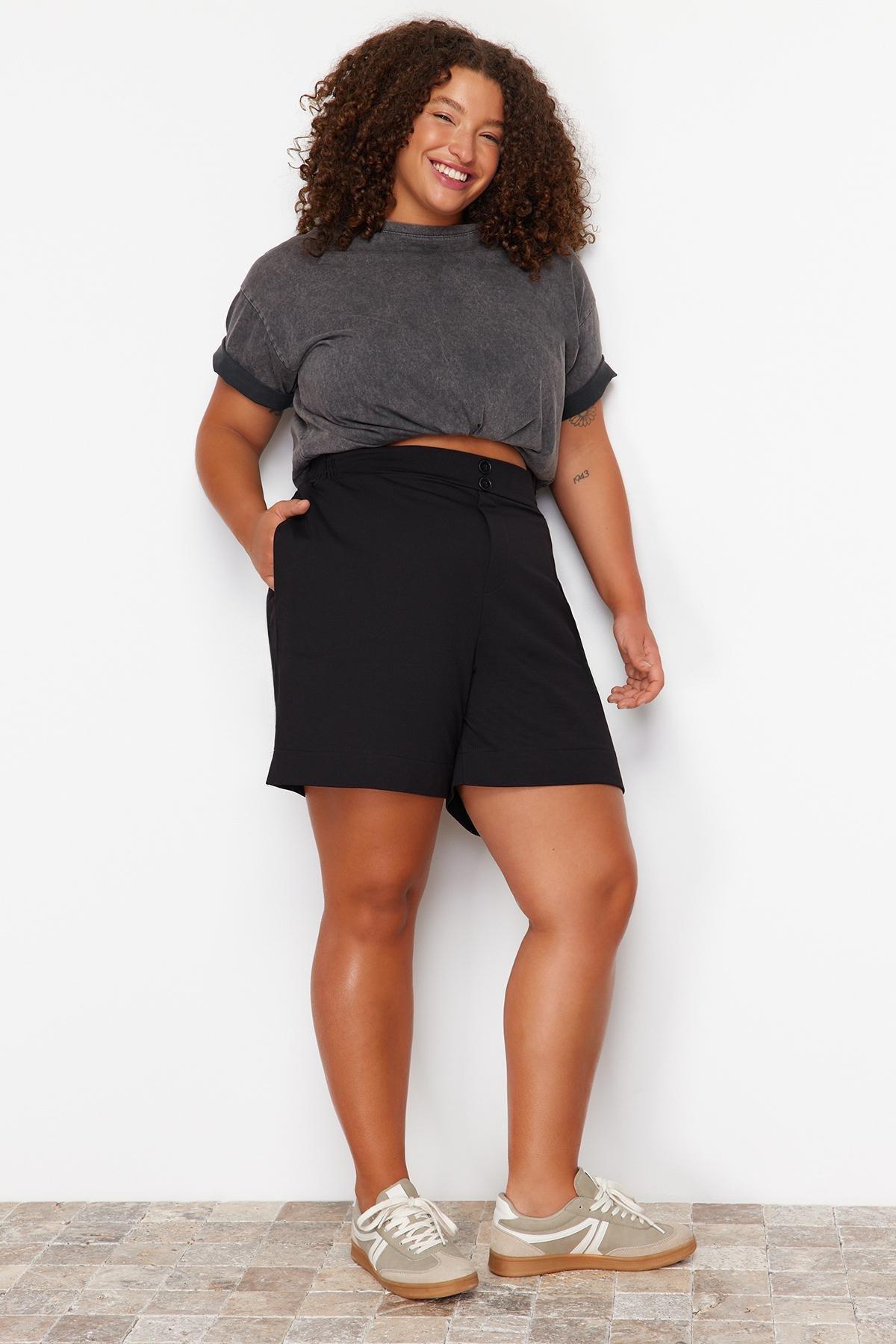 Black Button Detailed 100% Cotton Knitted Shorts & Bermuda TBBSS24AP00020, , large image number 0