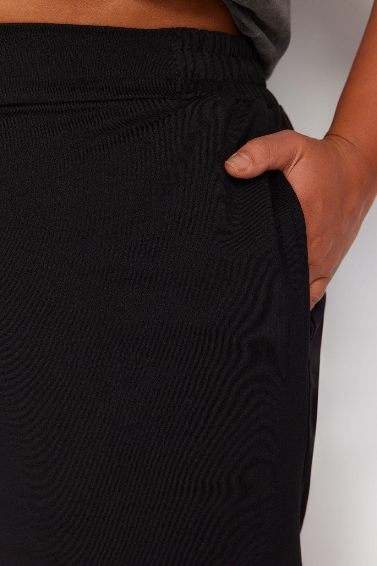 Black Button Detailed 100% Cotton Knitted Shorts & Bermuda TBBSS24AP00020, , large image number 2