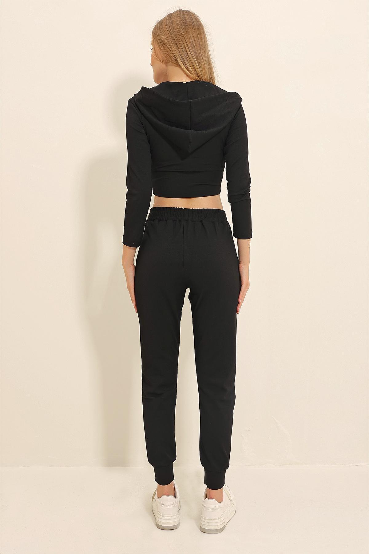 Alacati - Womens Black Hooded Zippered Crop Top and Double Pocket Corduroy Tracksuit ALC-X11428, 2 x