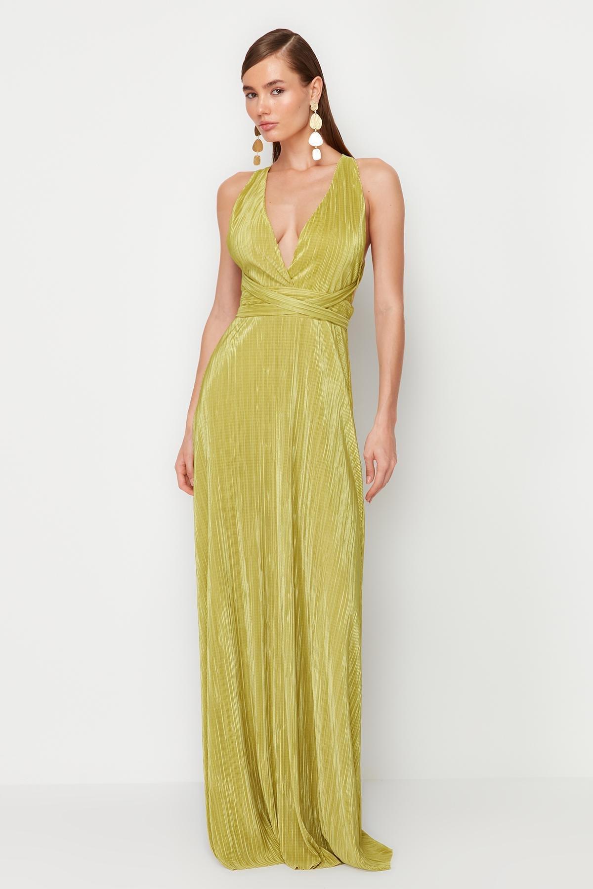 Oil Green A-Line Belted Lined Knitted Long Evening Dress TPRSS24AE00020, , large image number 0
