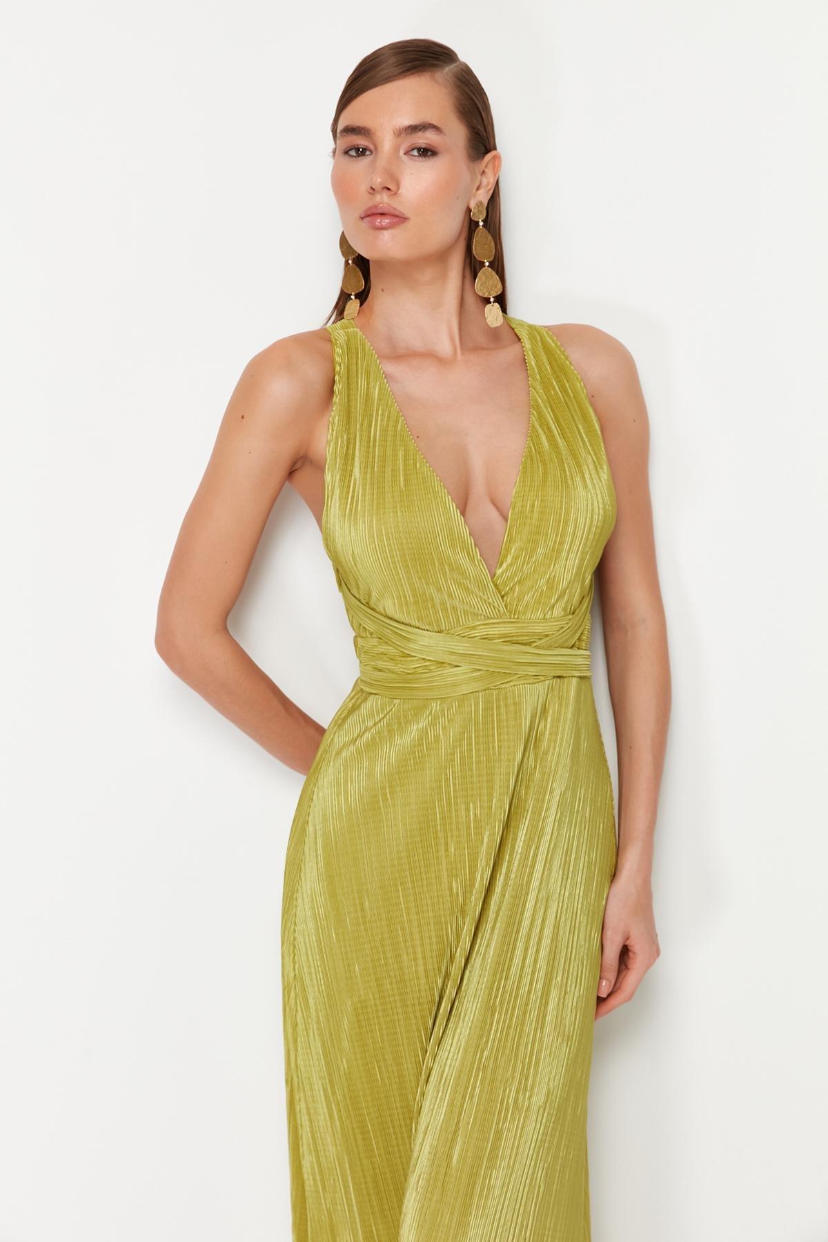 Oil Green A-Line Belted Lined Knitted Long Evening Dress TPRSS24AE00020, , large image number 1