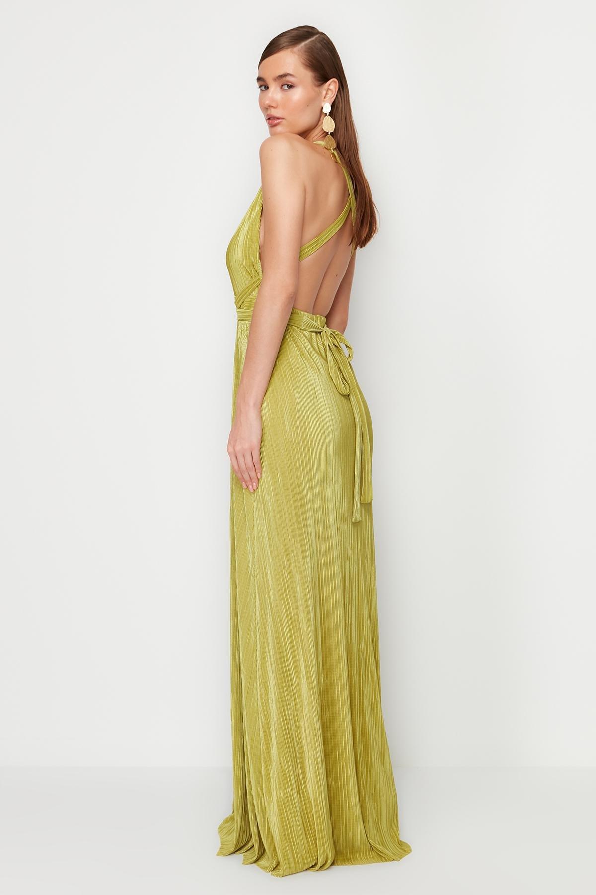Oil Green A-Line Belted Lined Knitted Long Evening Dress TPRSS24AE00020, , large image number 2