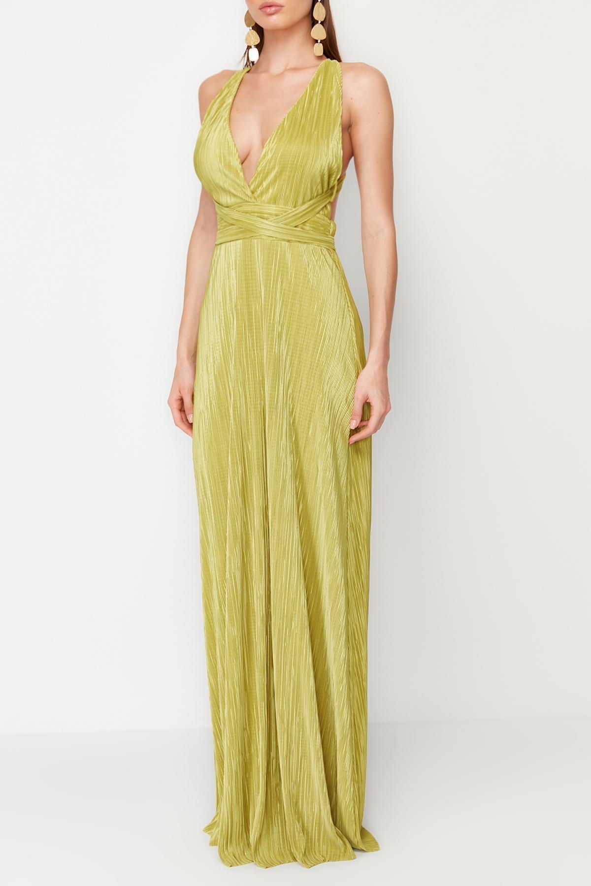Oil Green A-Line Belted Lined Knitted Long Evening Dress TPRSS24AE00020, , large image number 3