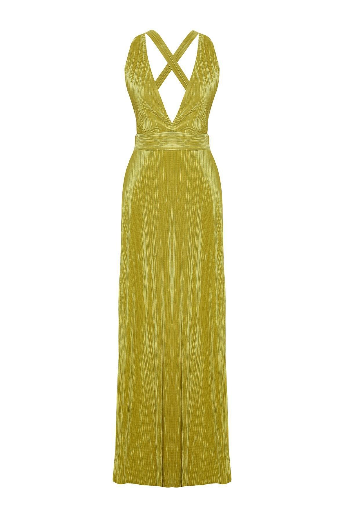 Oil Green A-Line Belted Lined Knitted Long Evening Dress TPRSS24AE00020, , large image number 5