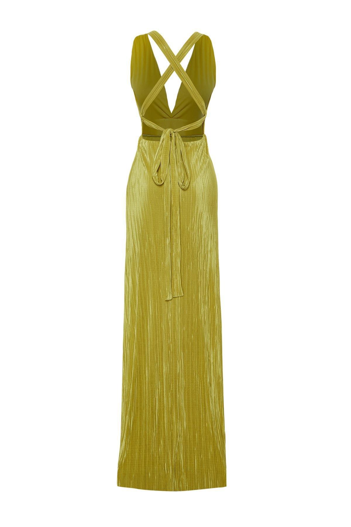 Oil Green A-Line Belted Lined Knitted Long Evening Dress TPRSS24AE00020, , large image number 6