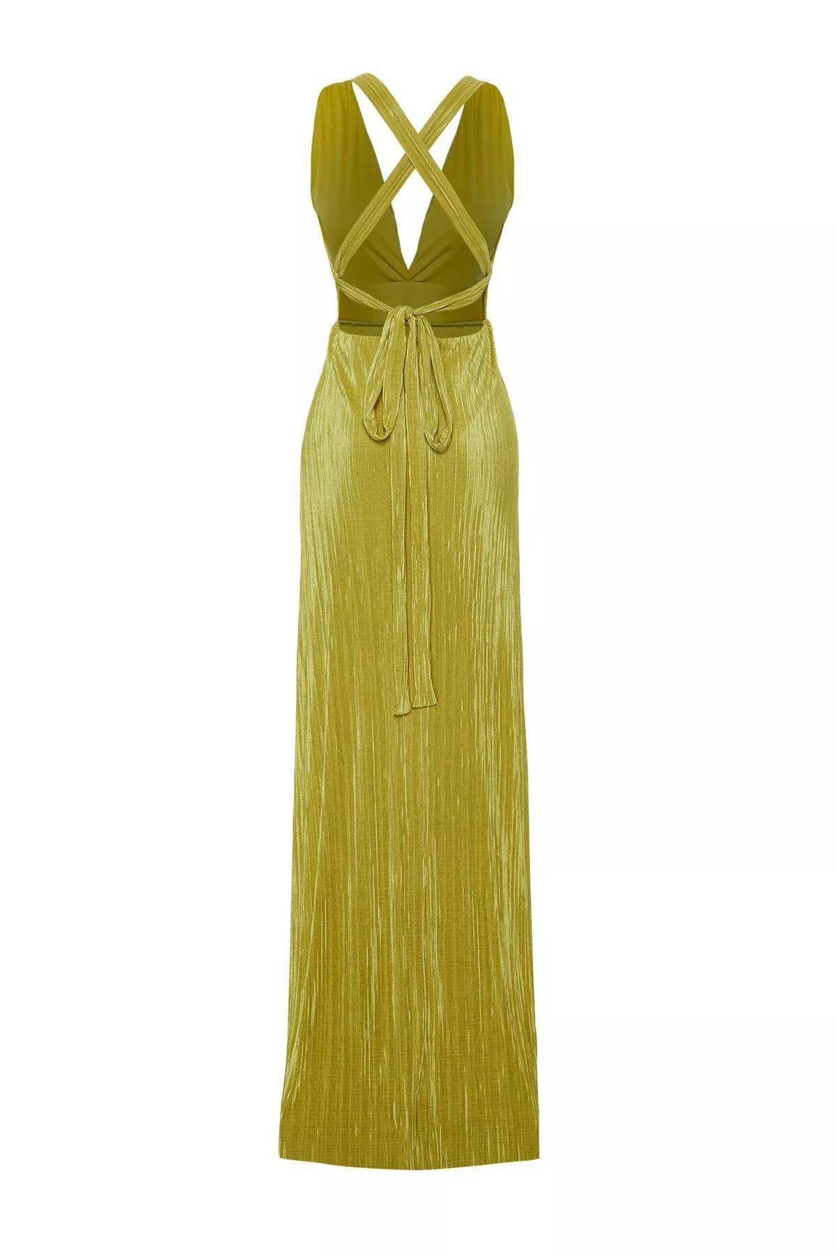 Green Belted Knitted Evening Dress, OIL GREEN, large image number 7