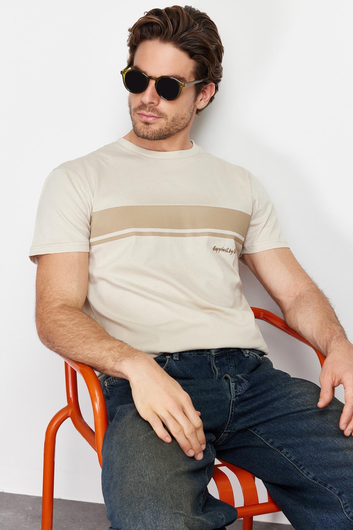 Stone Regular Cut Crew Neck Short Sleeve Striped Printed 100% Cotton T-shirt TMNSS24TS00059, , large image number 0