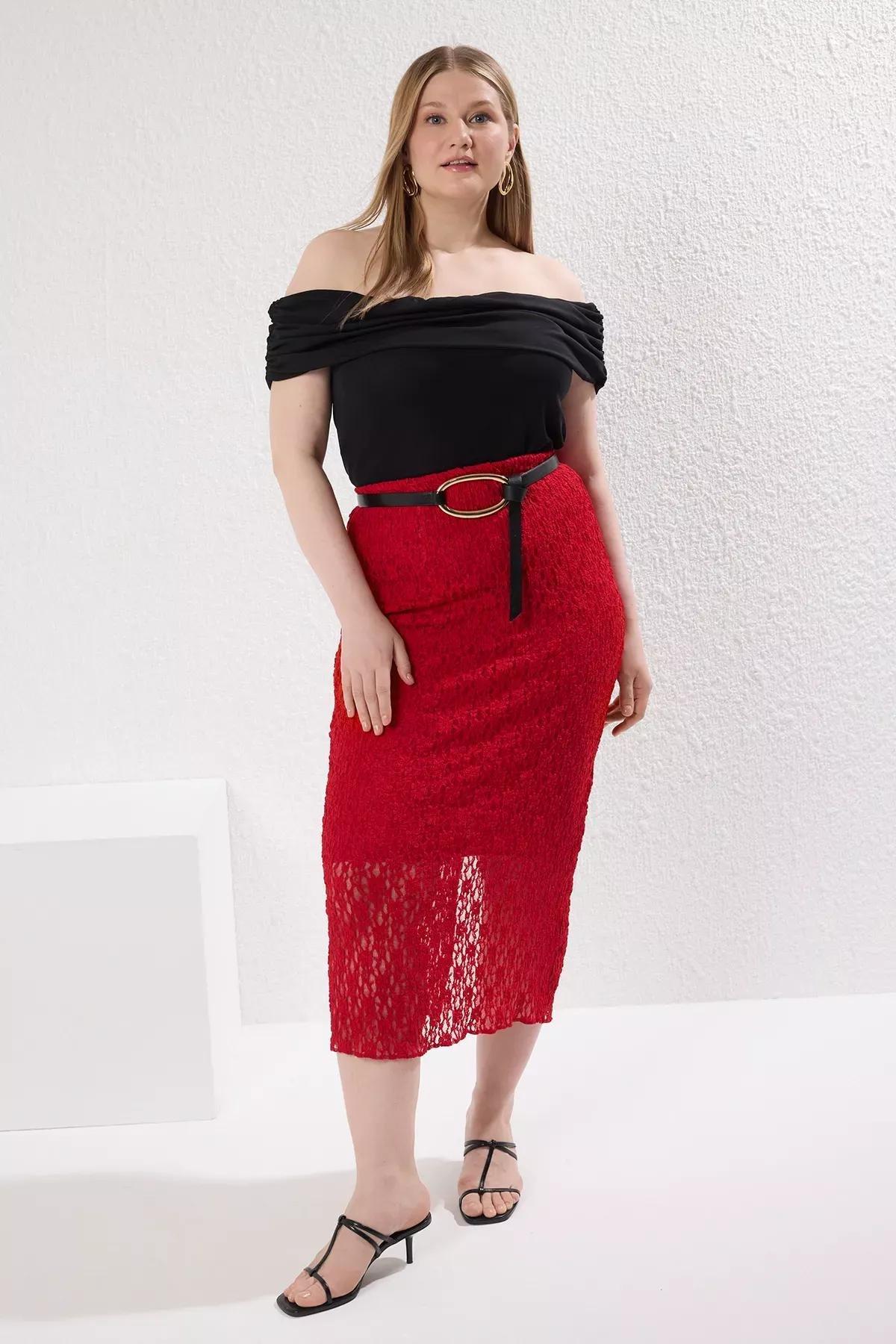 Red Lace Knit Skirt, Red, large image number 0