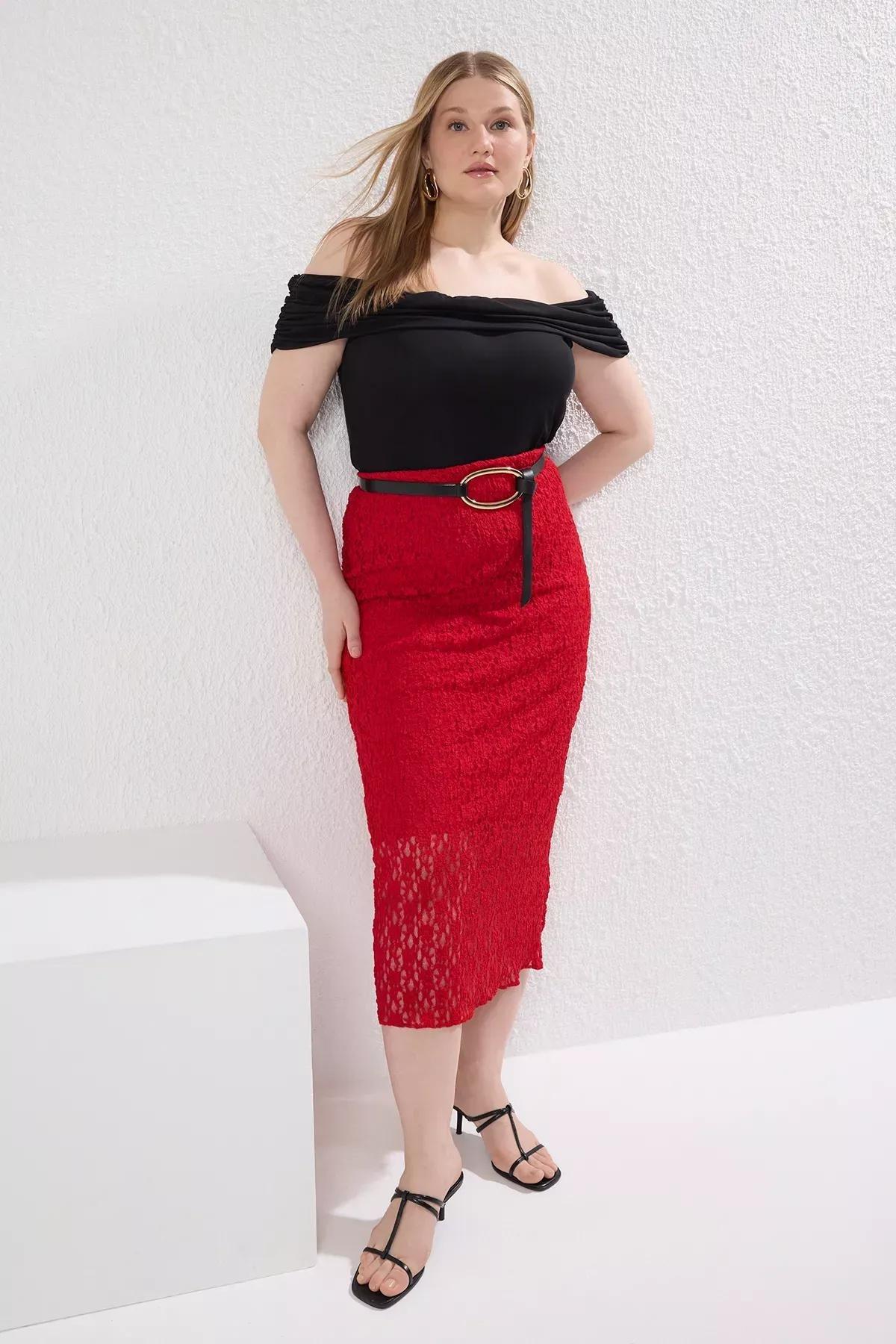Red Lace Knit Skirt, Red, large image number 1