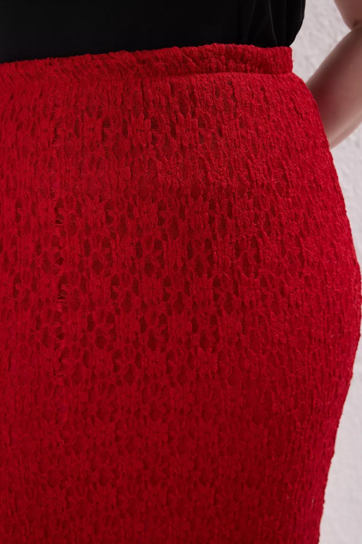 Red Lace Knit Skirt, Red, large image number 3