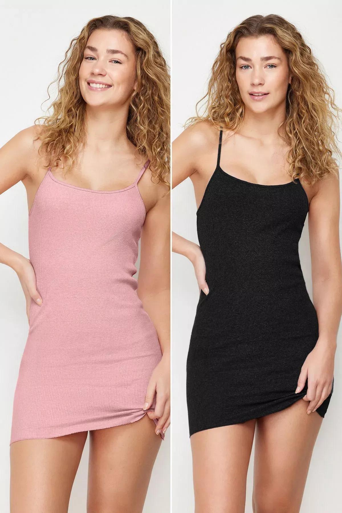 Black-Pink 2-Pack Rope Strap Ribbed Nightgown, set of 2, , large image number 0