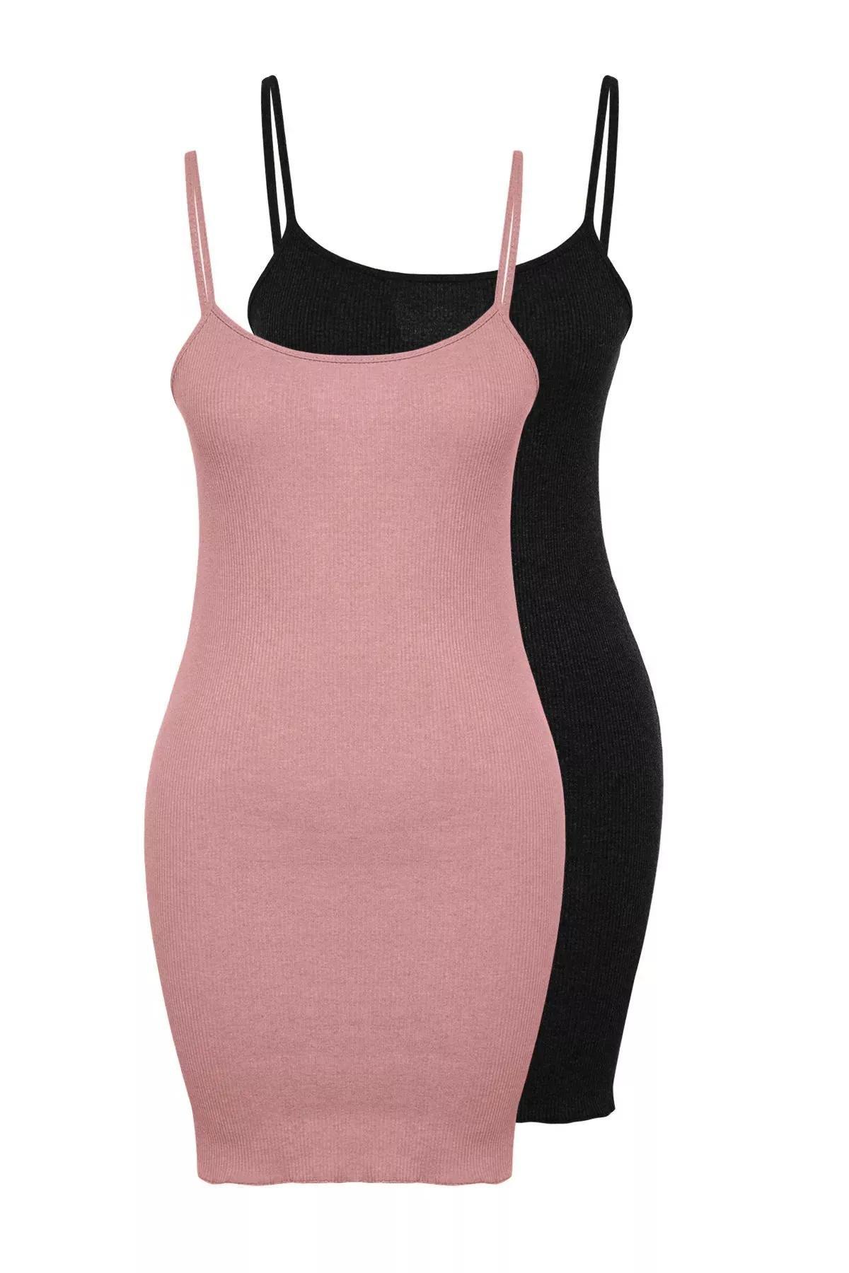 Black-Pink 2-Pack Rope Strap Ribbed Nightgown, set of 2, , large image number 6
