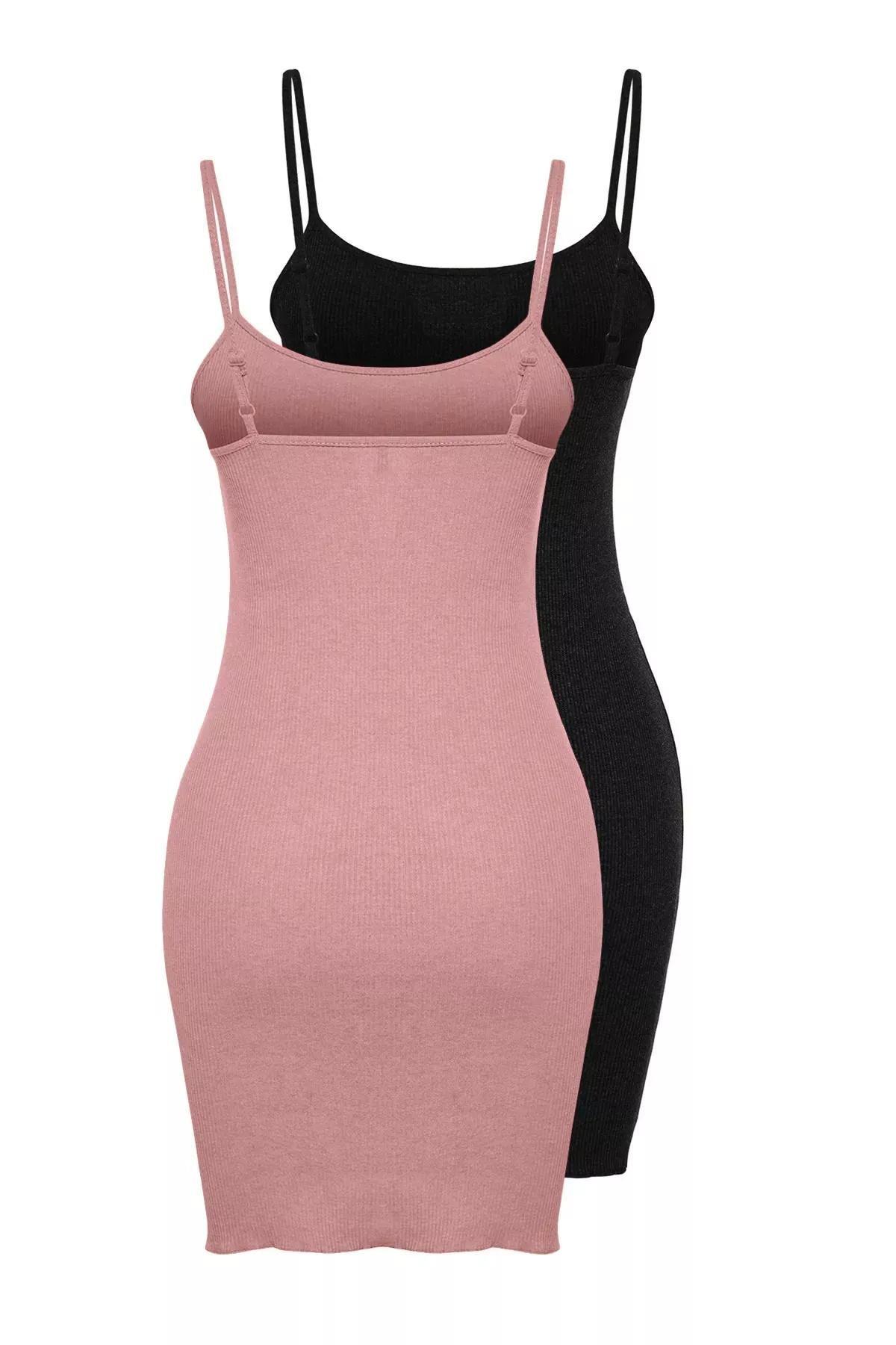 Black-Pink 2-Pack Rope Strap Ribbed Nightgown, set of 2, , large image number 7