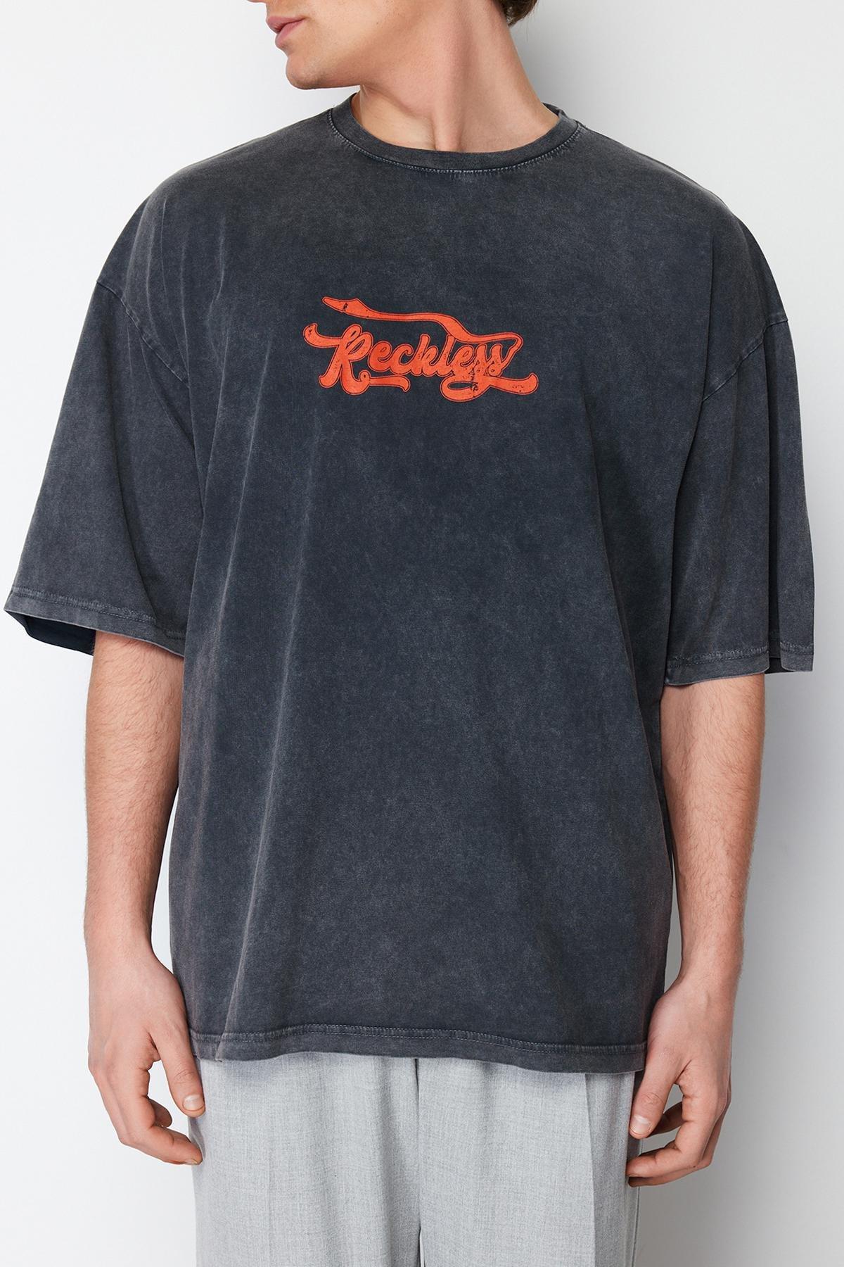 Grey Oversize Faded Effect Printed Cotton T-Shirt, , large image number 2