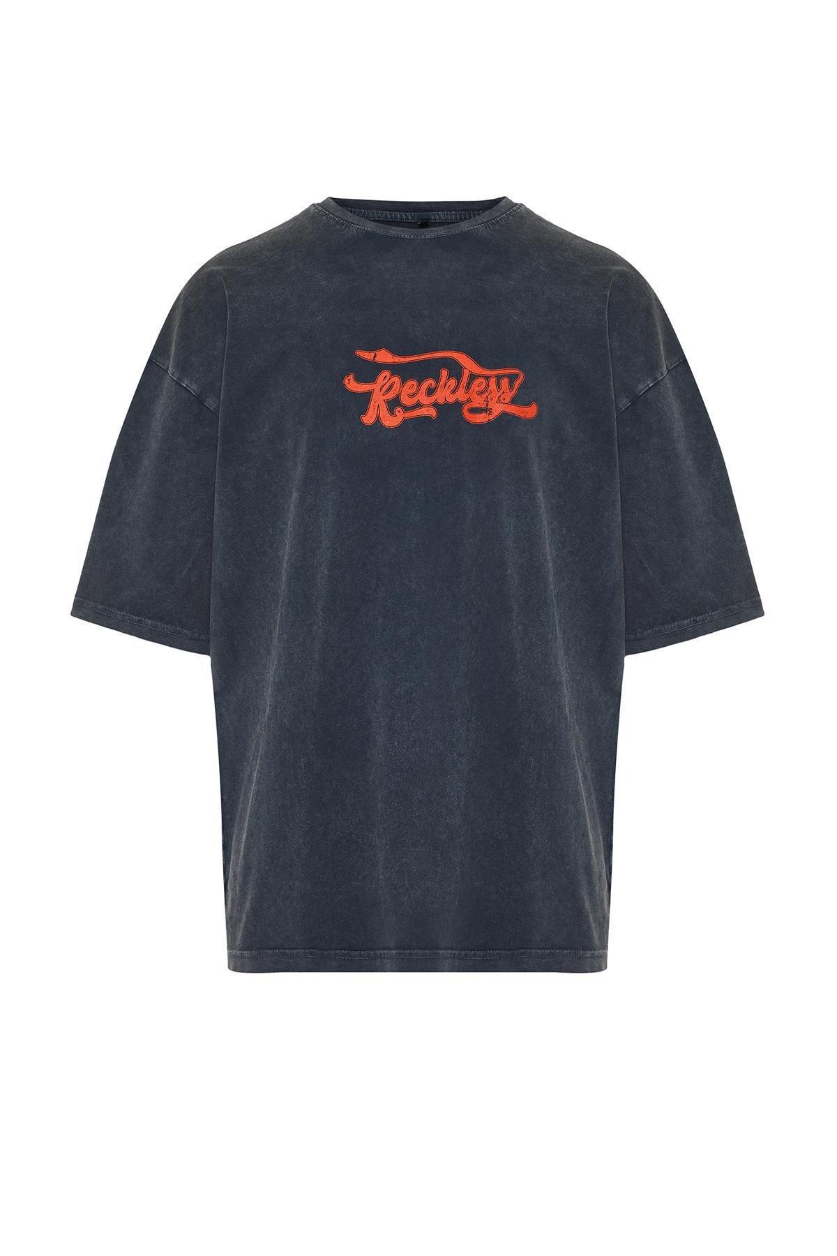Grey Oversize Faded Effect Printed Cotton T-Shirt, , large image number 5