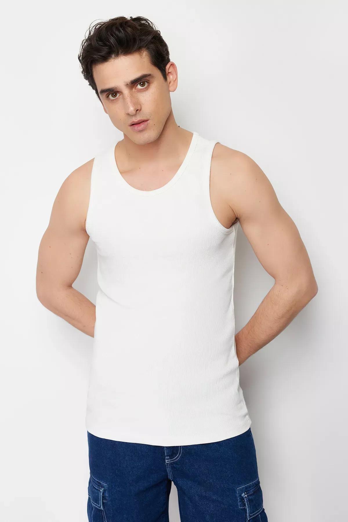 White Slim Ribbed Sleeveless T-Shirt, , large image number 2