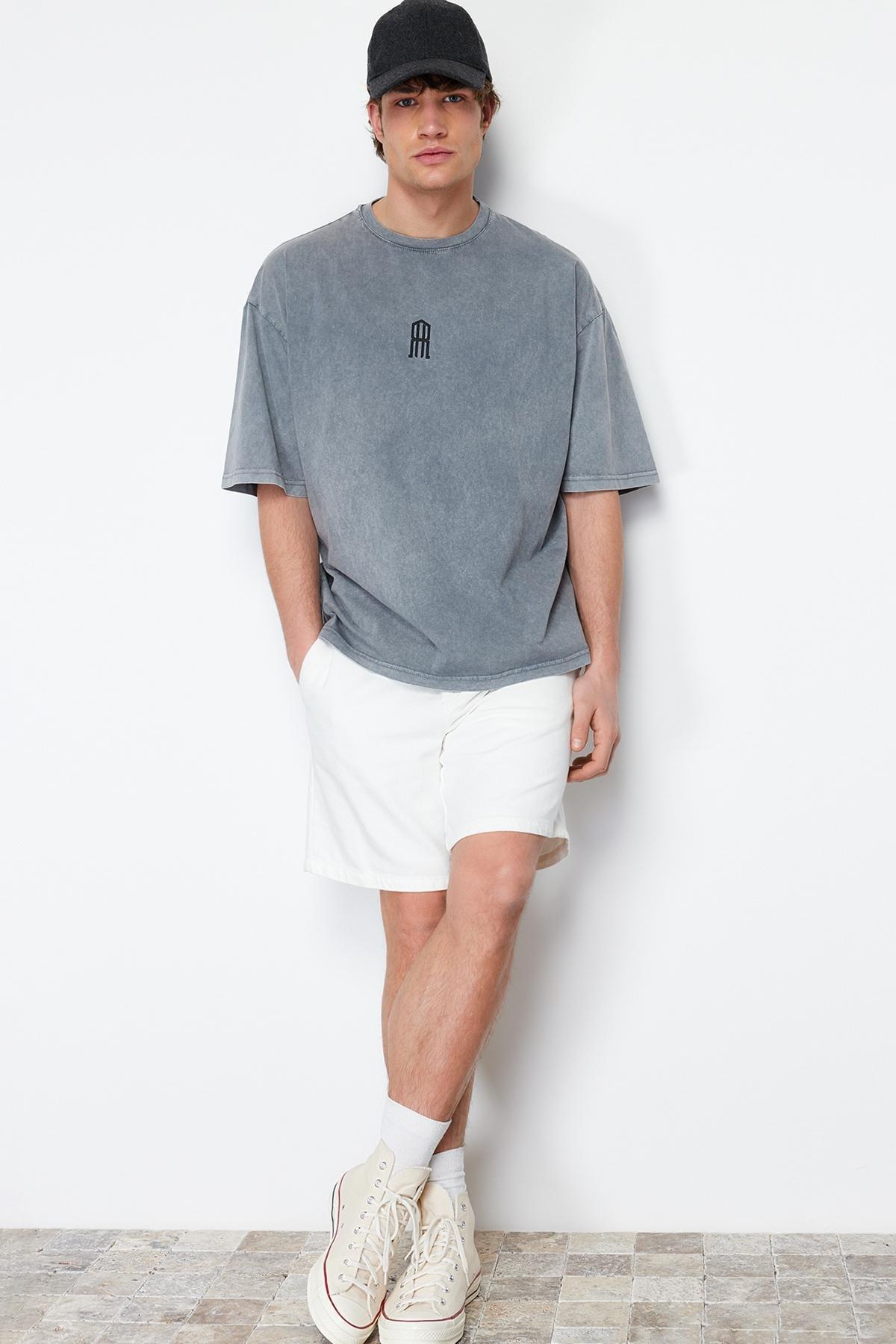 Grey Oversize/Wide-Fit Antiqued/Faded Effect Cotton T-Shirt, , medium