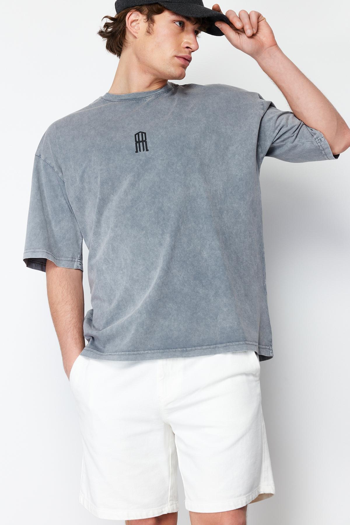 Grey Oversize/Wide-Fit Antiqued/Faded Effect Cotton T-Shirt, , large image number 1