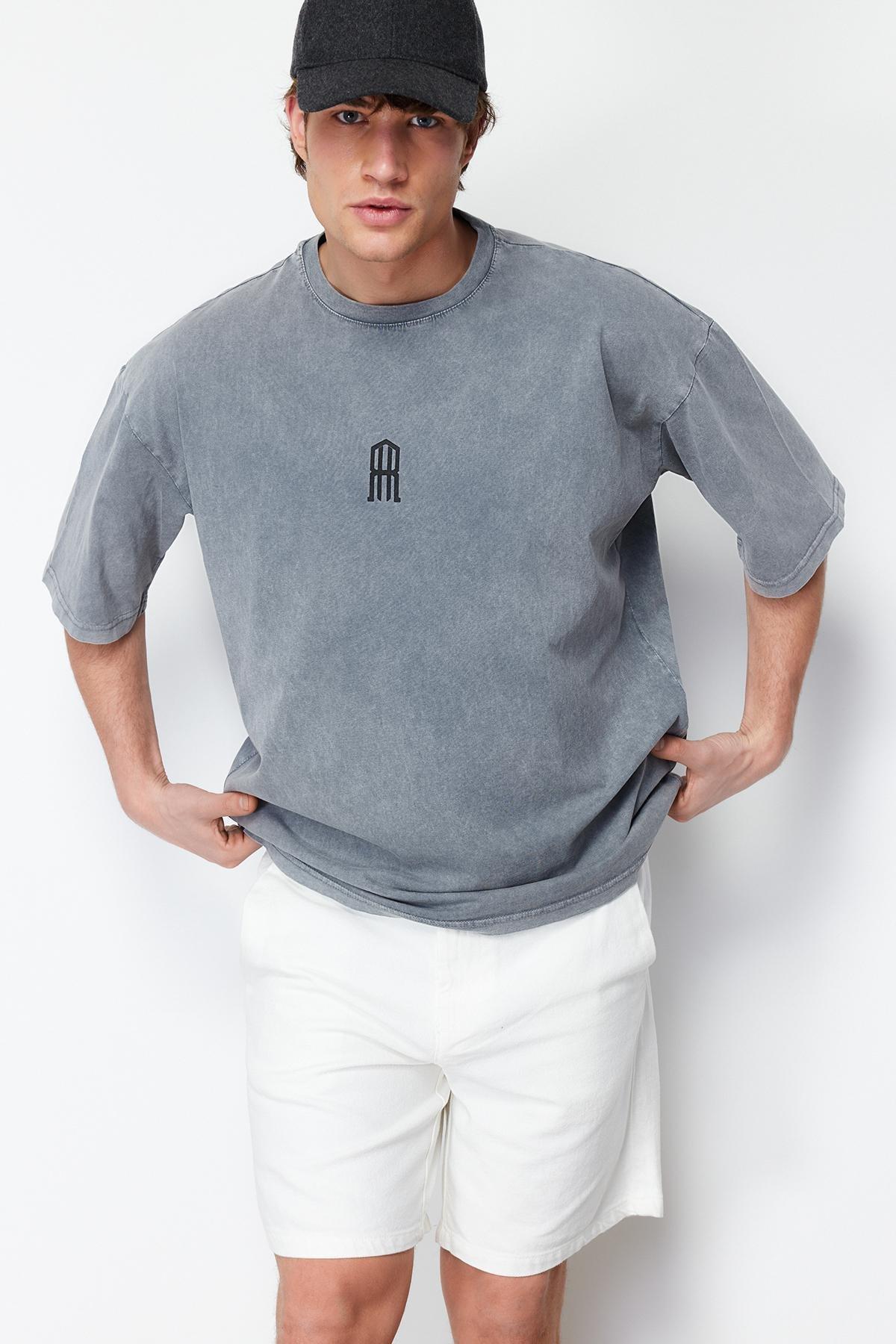 Grey Oversize/Wide-Fit Antiqued/Faded Effect Cotton T-Shirt, , large image number 2