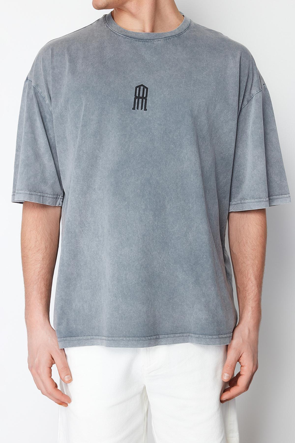Grey Oversize/Wide-Fit Antiqued/Faded Effect Cotton T-Shirt, , large image number 4