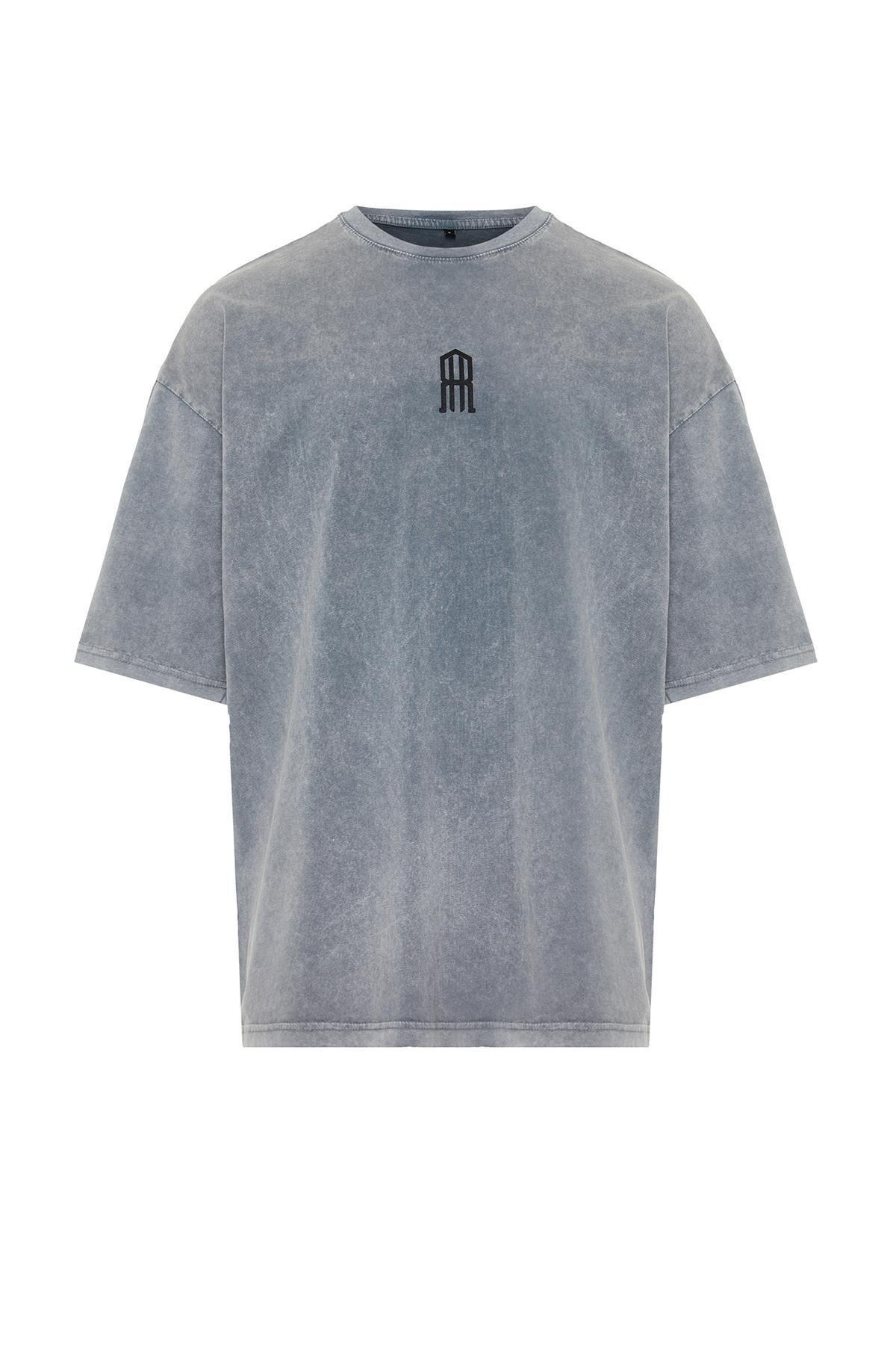 Grey Oversize/Wide-Fit Antiqued/Faded Effect Cotton T-Shirt, , large image number 5
