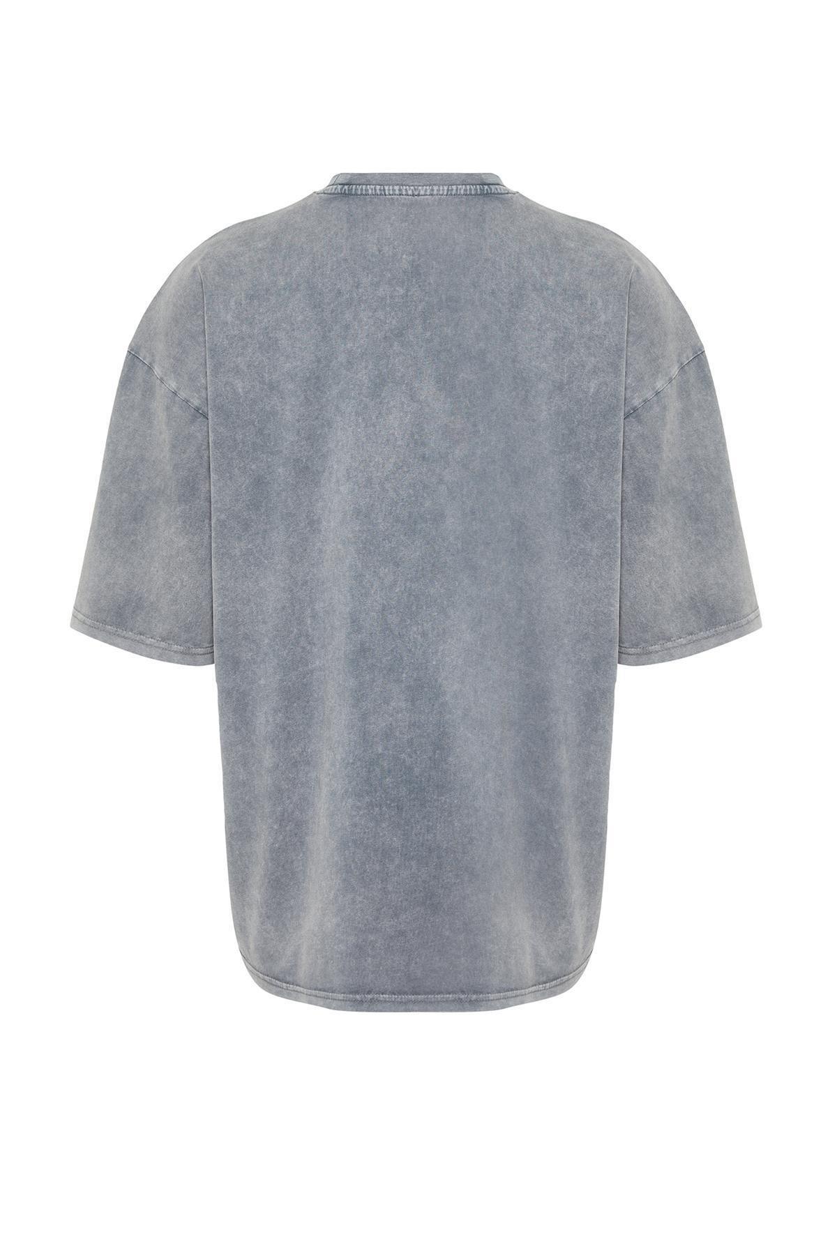 Grey Oversize/Wide-Fit Antiqued/Faded Effect Cotton T-Shirt, , large image number 6