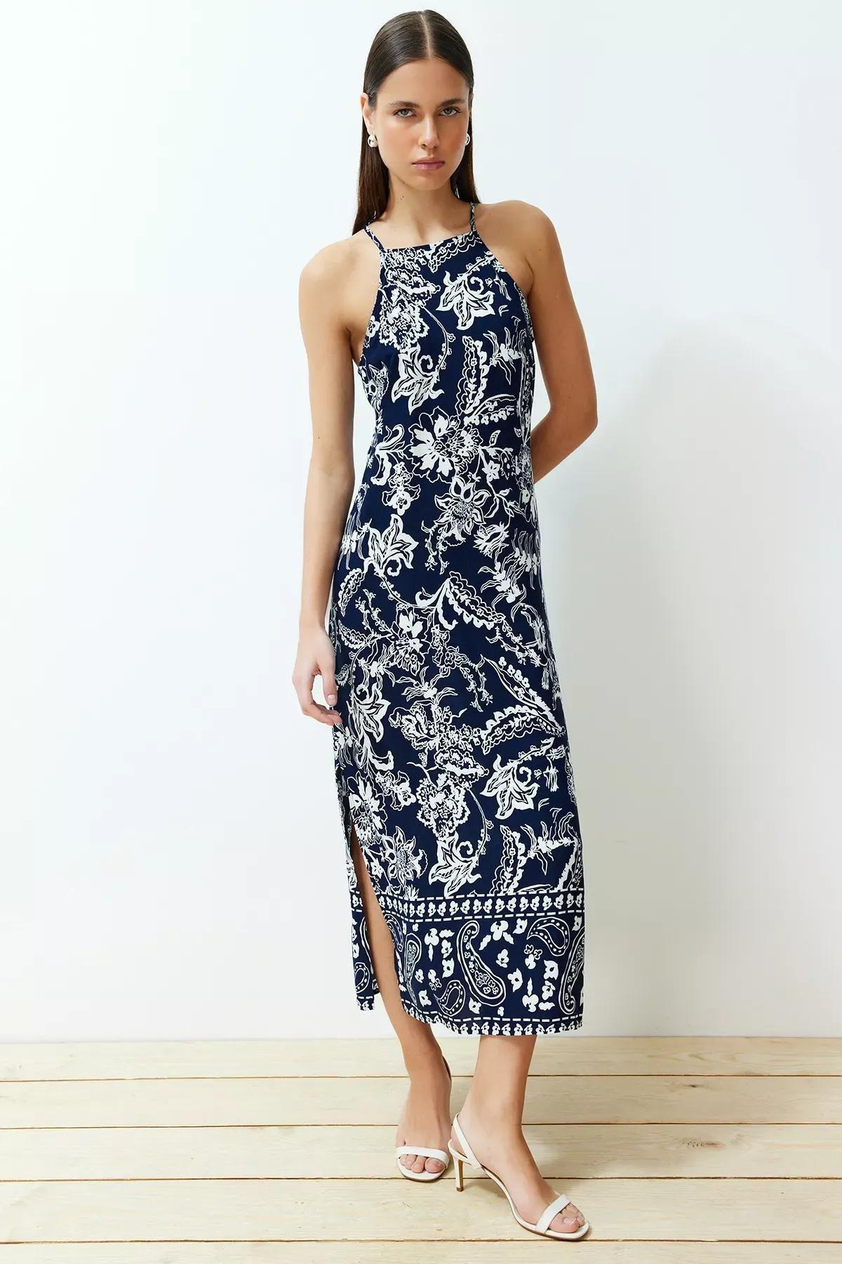 Blue Floral Maxi Dress, Navy blue, large image number 0