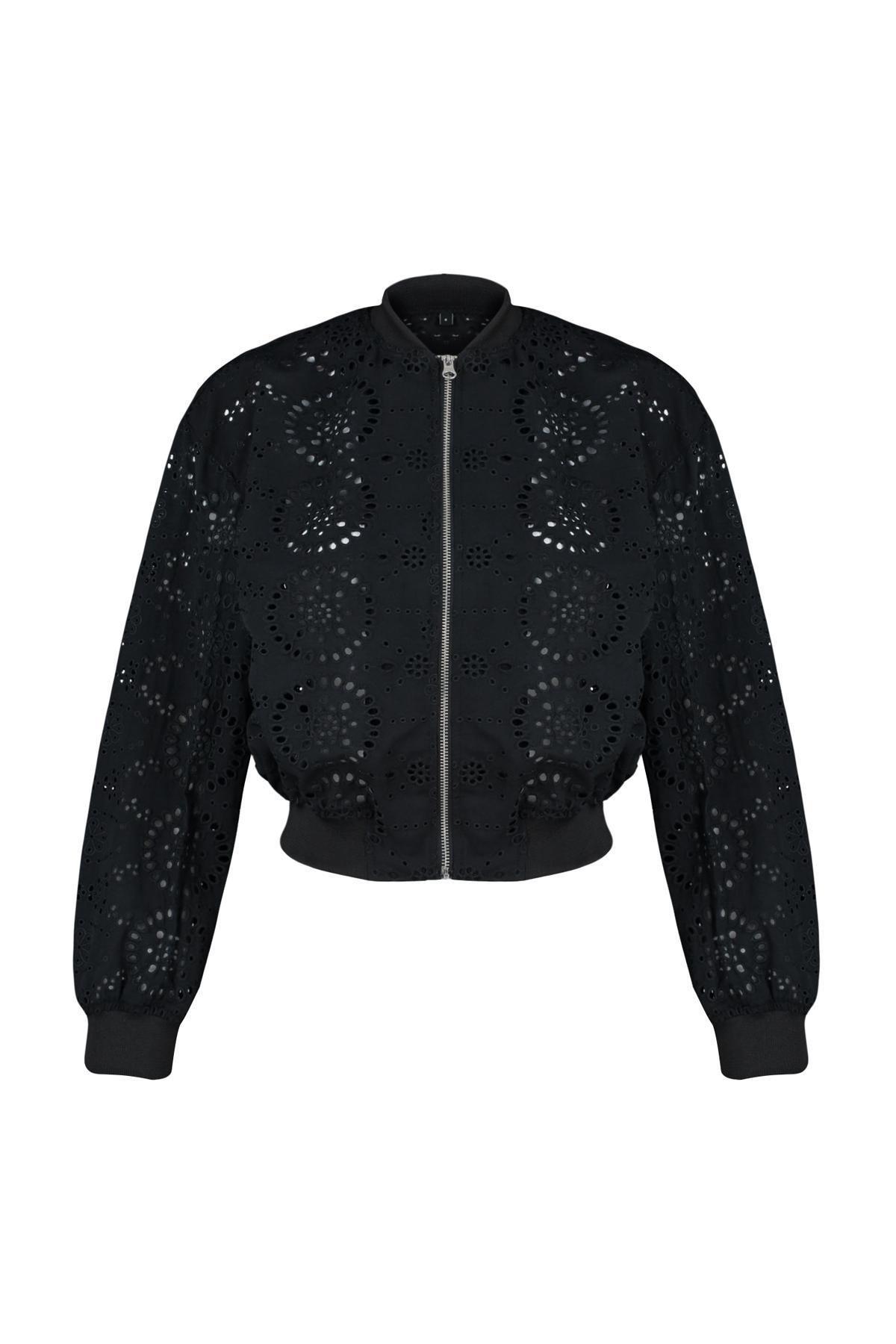 Black Oversize Molded Embroidered Thin Bomber Jacket TWOSS24MO00061, single, , large image number 4