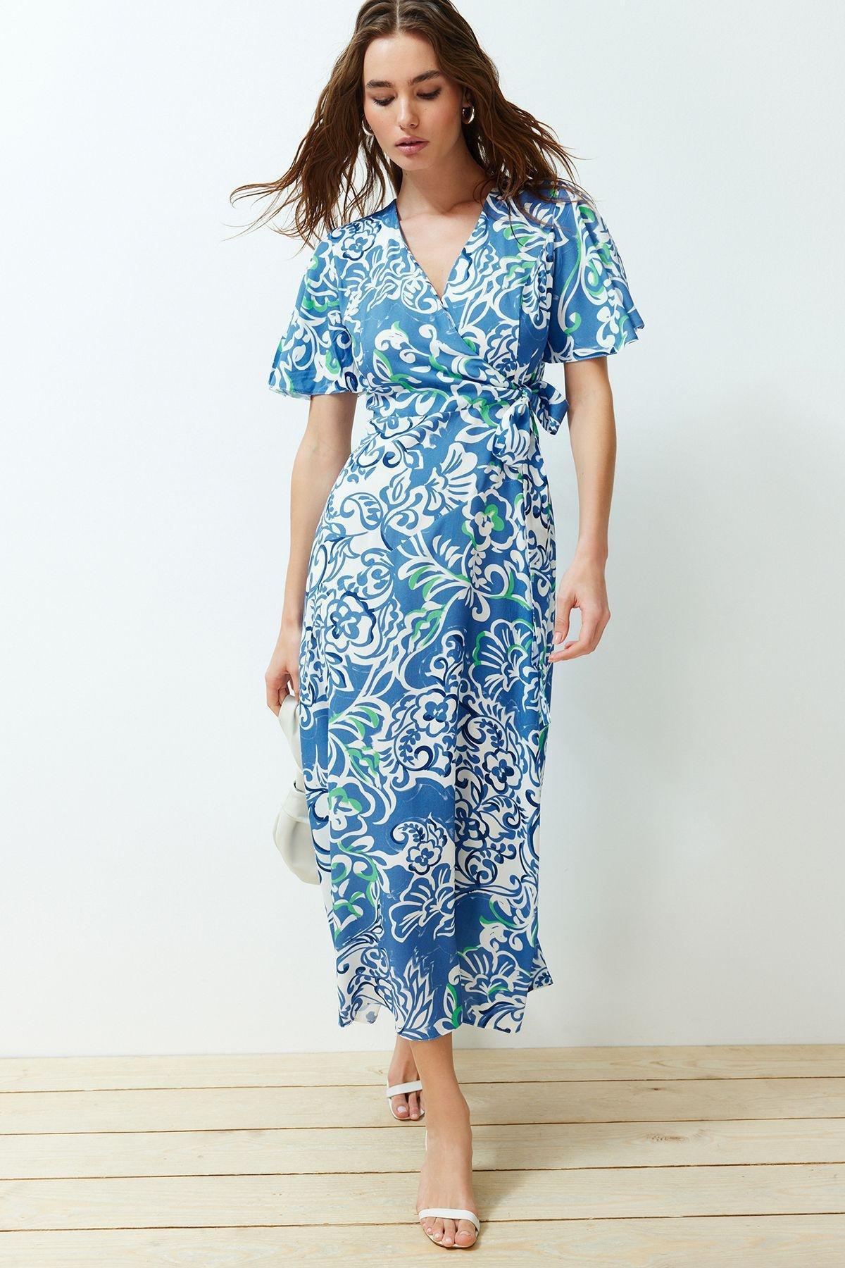 Blue Floral Double-Breasted Viscose Midi Dress, Blue, large image number 0