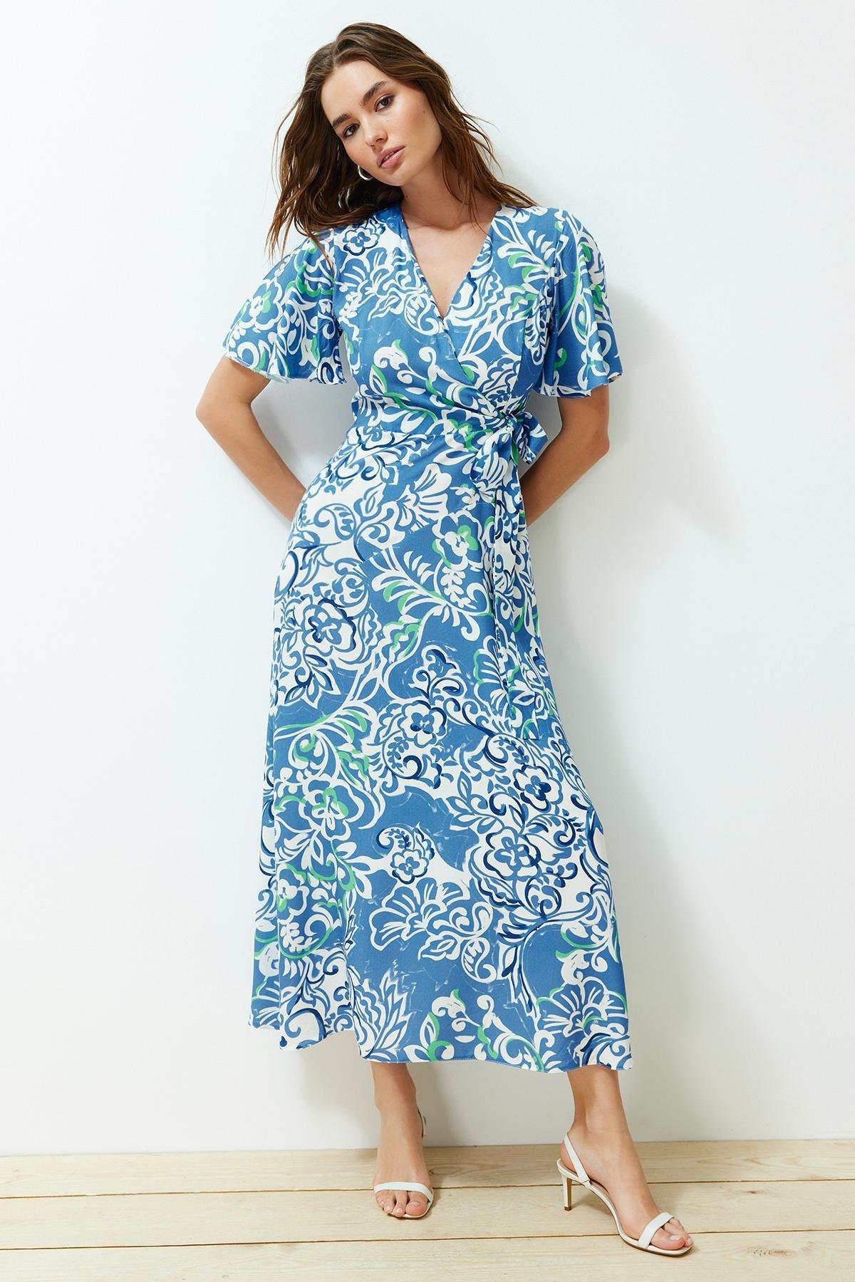 Blue Floral Double-Breasted Viscose Midi Dress, Blue, large image number 1