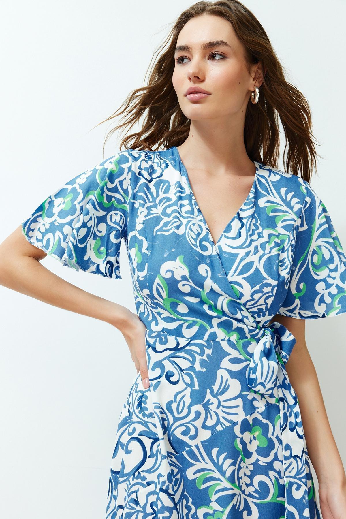 Blue Floral Double-Breasted Viscose Midi Dress, Blue, large image number 2