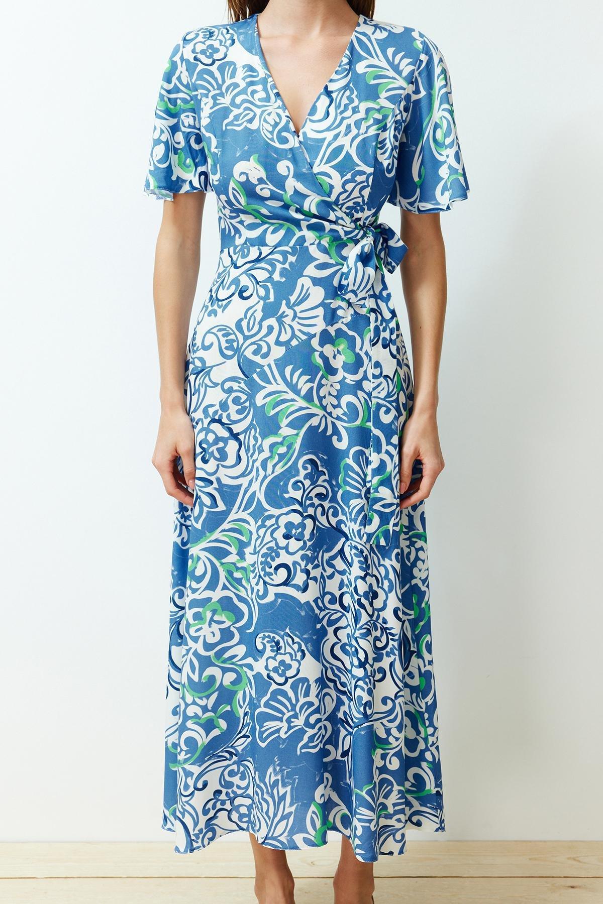 Blue Floral Double-Breasted Viscose Midi Dress, Blue, large image number 3