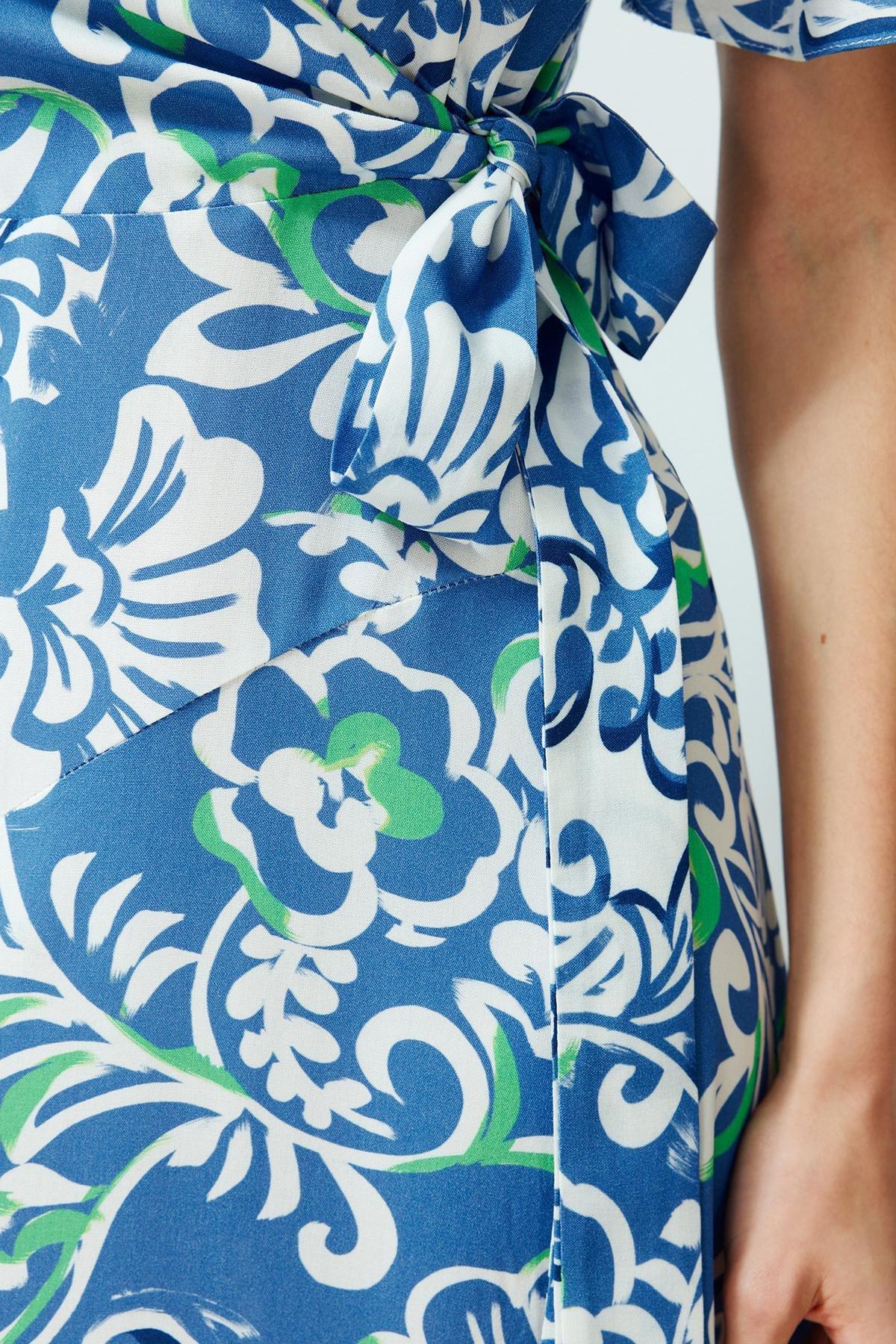 Blue Floral Double-Breasted Viscose Midi Dress, Blue, large image number 4