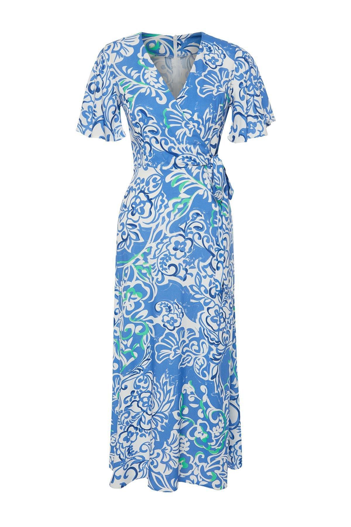 Blue Floral Double-Breasted Viscose Midi Dress, Blue, large image number 5